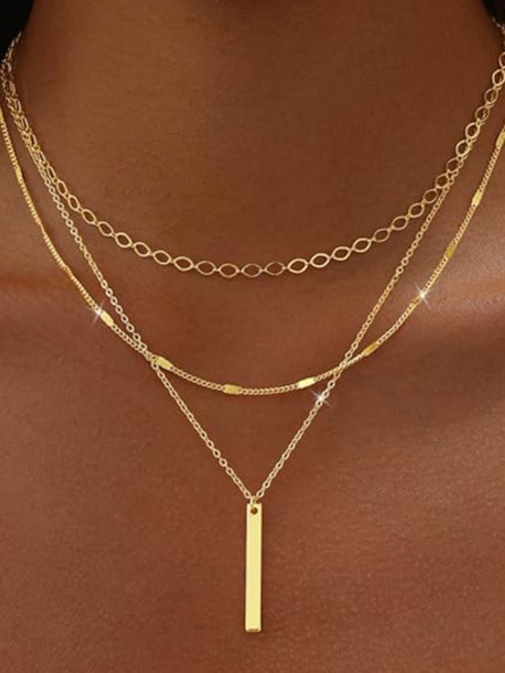 Layered 14K Gold Plated Bar Pendant Necklace
